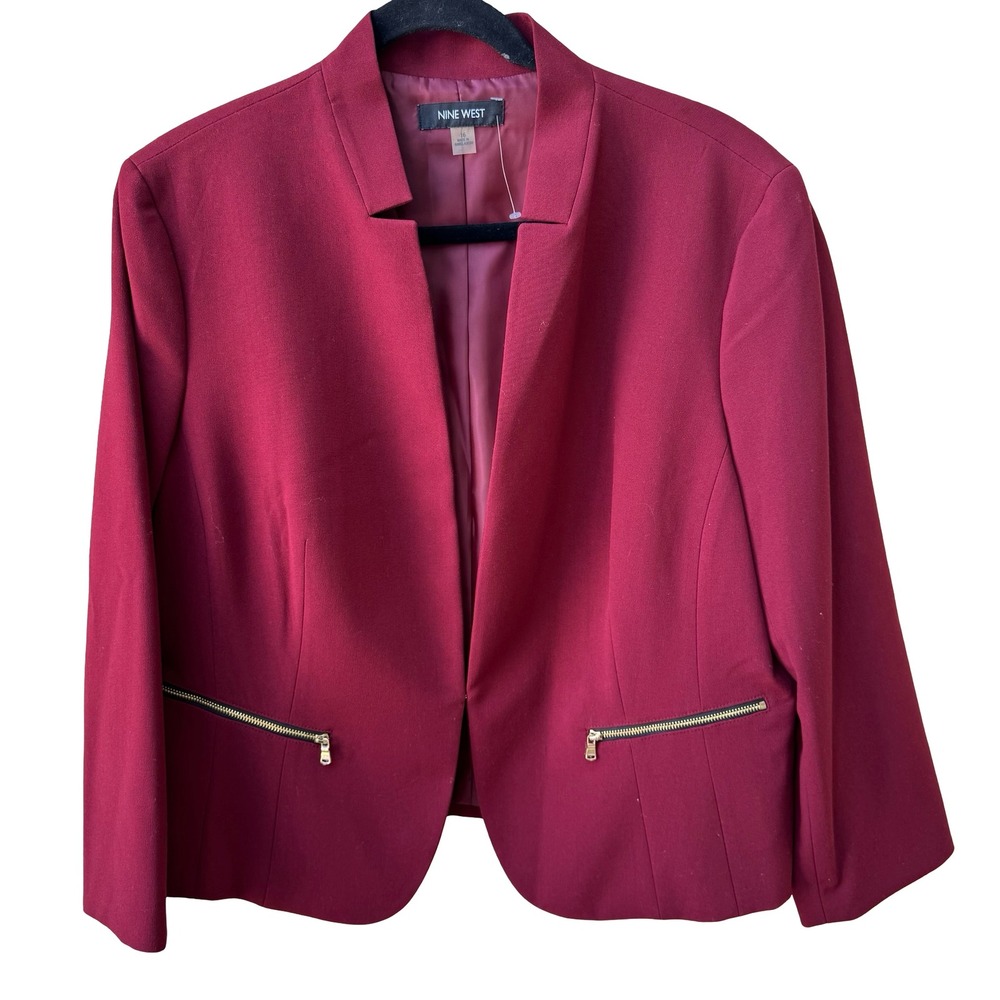 Nine West Professional Minimalist Zipper Accent Career Blazer Burgundy 16 NEW